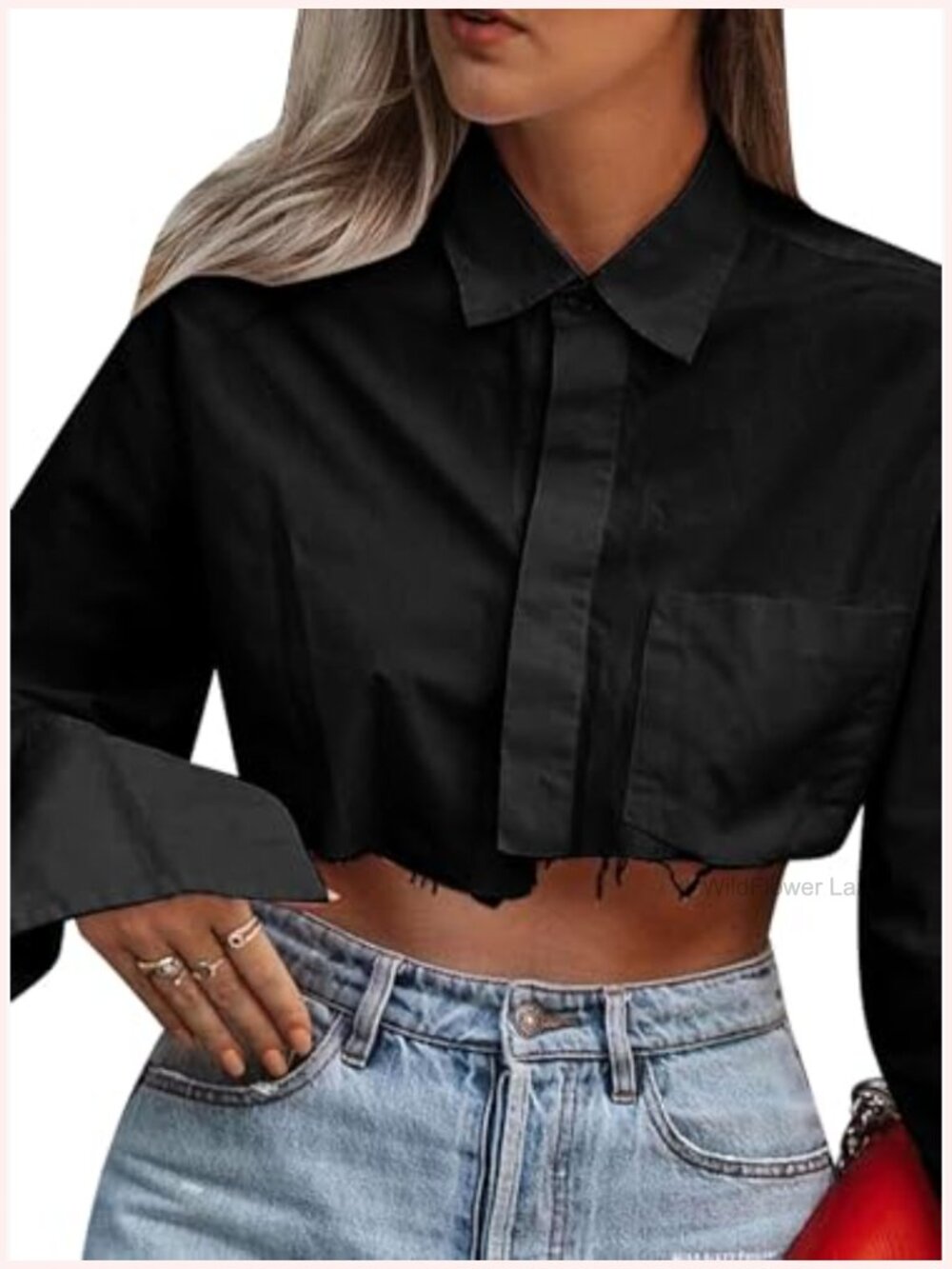 Women Crop Button Down Shirt Asymmetric Hem Long Sleeve Collared Blouse Top - Picture 3 of 7